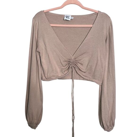Princess Polly Kora Tan Knit Balloon Sleeve Tie Front Crop Top Size M/L - Picture 2 of 3